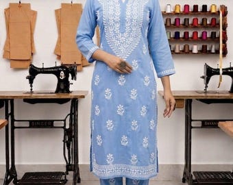 Viskose-Stoff Huhn Stickerei Frauen Kurta mit Hose Set, Ethnic Boho Kurti
