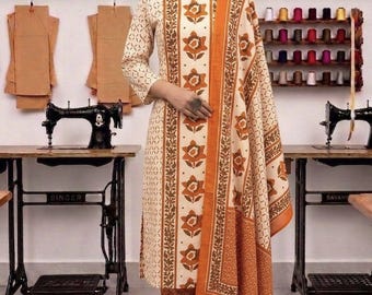 Boho Ethnic Floral Motif Block Print Kurta Set, sequence adda work, summer cotton suit,