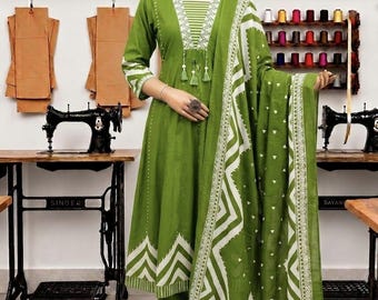 Boho ethnischen Primium Anarkali Baumwolle Kurta mit Hose Dupatta Set, Geschenke für sie,