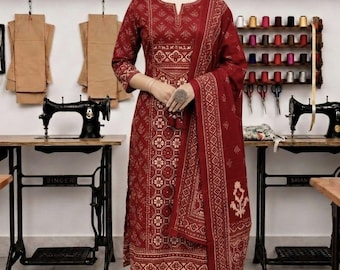 Festival Anarkali Primium Cotton Kurta Pant Set with Dupatta, wedding gown dress