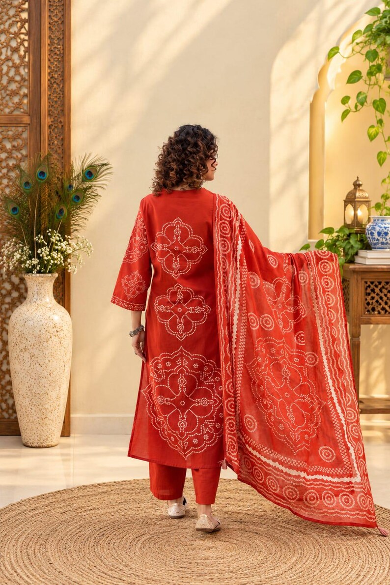 Elegant Indian Bandhej Hand Printed Cotton Kurta Pant Duppta Set, Embroidered Ethnic Wear, Boho Casual Outfit immagine 3