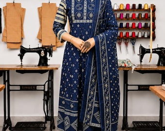 Indigo Blue Cotton Anarkali Kurta Pant Set with Dupatta, Boho Ethnic Wear