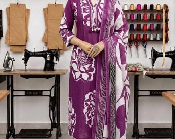 Conjunto de kurta y pantalón de algodón con bordado a mano y dupatta, vestido de verano para mujer.