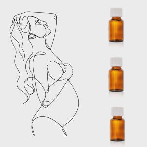 May include: A minimalist line drawing of a pregnant person with flowing hair, next to three small amber glass bottles with white lids. The bottles are likely for essential oils, indicating a focus on well-being or self-care.