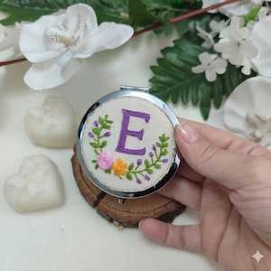 Handmade Embroidered Compact Mirror, Floral Initial Pocket Mirror, Custom Purse Accessory