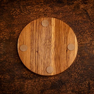 May include: A circular wooden coaster featuring a natural light brown wood grain pattern. The underside of the coaster displays four small, circular, light-colored adhesive pads positioned symmetrically near the edge to provide stability.