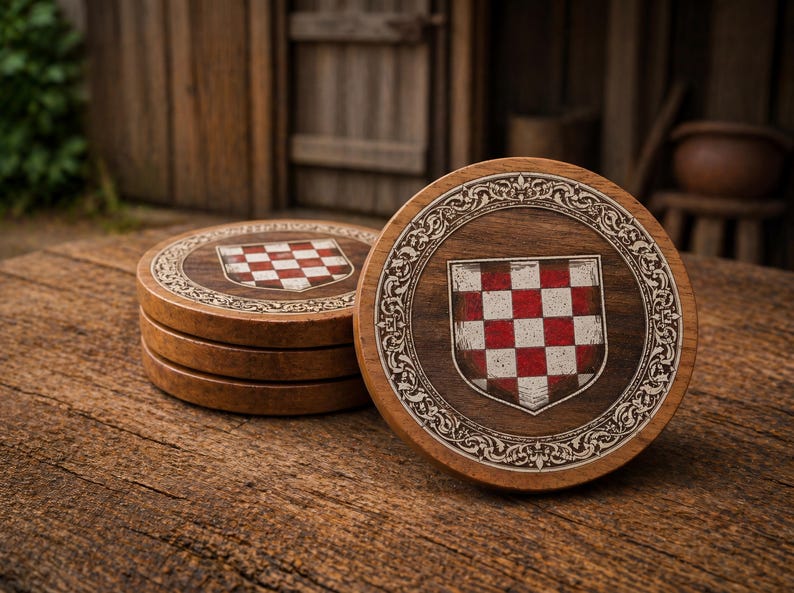 May include: A stack of four circular wooden coasters featuring a dark wood finish. Each coaster displays a central shield emblem with a red and white checkered pattern, surrounded by an intricate, engraved floral border design.