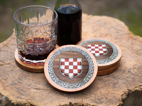 Hand-Painted Acacia Wood Coasters, Croatian Coat of Arms Set, Heritage Gift