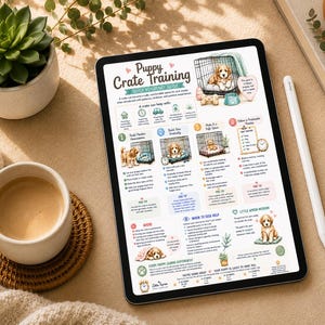 May include: A digital tablet displaying a Puppy Crate Training quick reference guide with illustrations of puppies, instructional text, numbered steps, and tips. The screen features a white background with colorful icons, headers, and puppy graphics.
