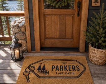 Personalized Lake Cabin Doormat,Rustic Key Tag Welcome Mat,Front Porch Decor,Lake House Entryway, Housewarming Gift,lake cabin mat