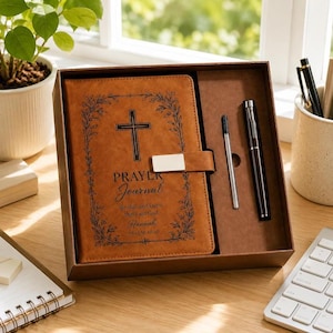 Coffret cadeau journal de prière personnalisé, carnet en cuir chrétien personnalisé, journal de versets bibliques, cadeau religieux pour femme, cadeau de foi
