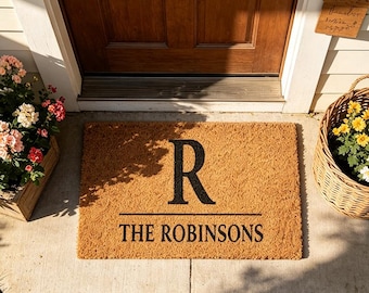 Felpudo personalizado con apellido familiar, felpudo de bienvenida con apellido personalizado, felpudo con monograma, regalo de inauguración de casa, alfombra de entrada para interiores y exteriores.