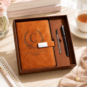 Personalized Monogram Leather Journal Gift Set, Custom Initial Notebook with Name, Engraved Leather Journal, Personalized Writing