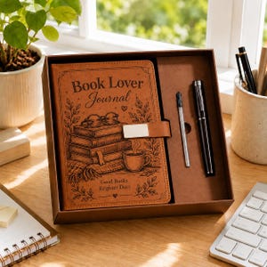 May include: A tan leather-look journal titled Book Lover Journal with an illustration of stacked books, glasses, and a coffee cup, featuring the text Good Books Brighter Days. The journal is inside a brown box with a black pen and a metal pen refill.