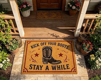 Western Cowboy Welcome Mat, Kick Off Your Boots Stay A While Doormat, Rustic Farmhouse Porch Rug, Country Western Entryway Decor