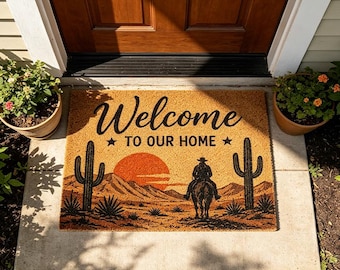 Western Welcome Doormat,Cowboy Desert Front Door Mat,Rustic Farmhouse Porch Rug,Southwestern Cactus Welcome Mat,Country Home Entryway Decor