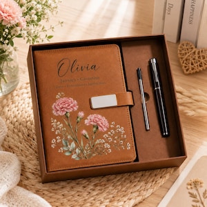 Personalized Birth Flower Leather Journal Gift Set, Custom Name Notebook, Birth Month Flower Journal, Engraved Leather Diary
