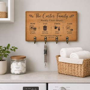 May include: A rectangular wooden wall-mounted chore board titled The Carter Family Weekly Chore Board. It features four sections for Mom, Dad, Emma, and Liam with icons for laundry, trash, plants, and pet care. Four bronze hooks are attached below.