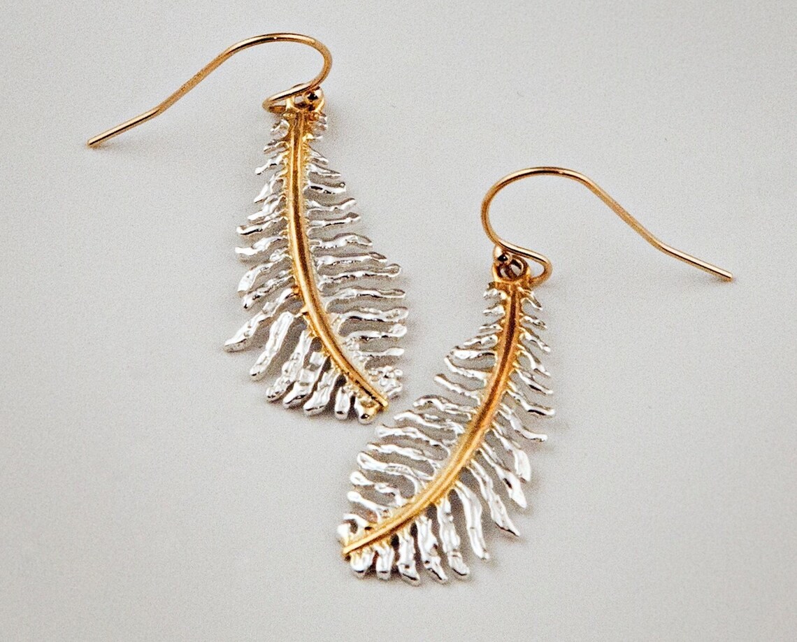 Fern Leaf Earrings, Nature Inspired, Dangle Earrings, Gold and Silver