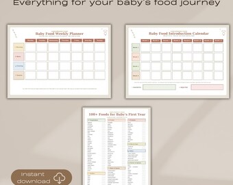 Könnte beinhalten: Ein Baby-Ernährungsplaner-Set mit drei druckbaren Blättern: einem wöchentlichen Baby-Ernährungsplaner, einem Kalender zur Einführung von Beikost und einer Checkliste mit über 100 Lebensmitteln für das erste Lebensjahr.
