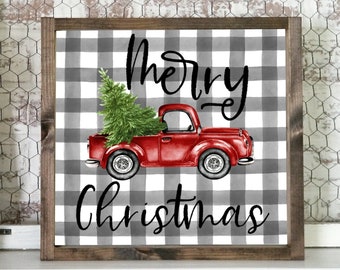 INSTANT DOWNLOAD Merry Christmas buffalo check with vintage red truck printable - Farmhouse - Christmas decor - print - Holiday print