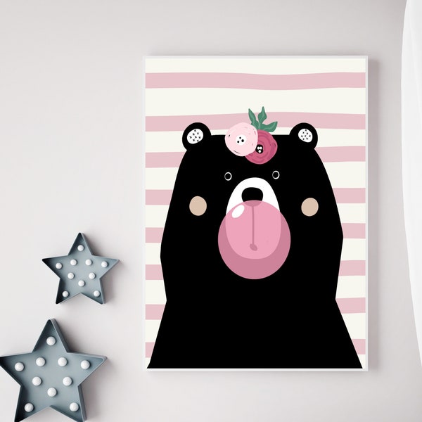 Black Bear Decor, Black Bear Prints, Bear Nursery Art, BEAR GUM PINK, Kids Room Decor, Minimal Art, Minimalist Print, Scandinavian Nursery