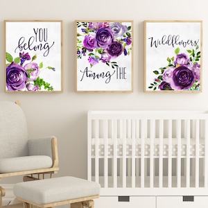INSTANT DOWNLOAD - Set of 3 prints - You belong among the Wildflowers - wall art - kids room decor - girls room - purple green floral