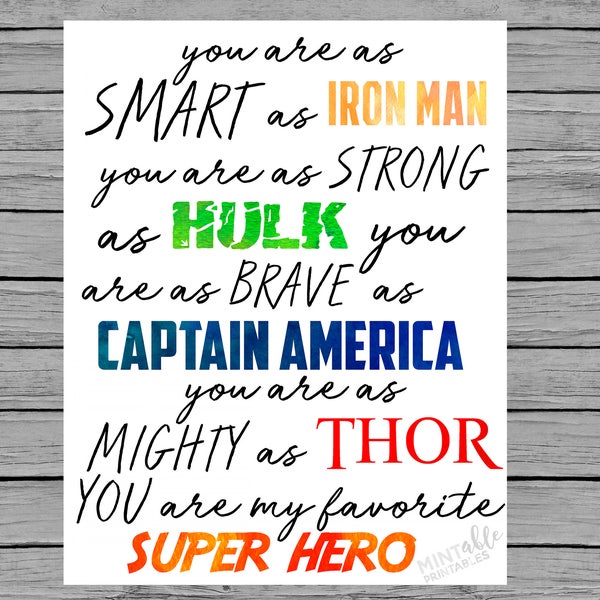 INSTANT DOWNLOAD super hero printable Iron man hulk captain america thor avengers little boy bedroom boys nursery superhero quote watercolor