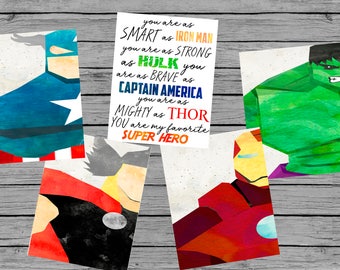 INSTANT DOWNLOAD Avengers digital print bundle Iron Man Captain America Thor Hulk Superhero prints watercolor Superhero quote boys room