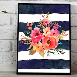 Pink flowers Navy stripes Watercolor Florals Flower Bouquet Navy Stripes Girls Nursery Printable Print Wall Art Nursery Decor Watercolor Art