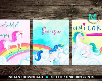 INSTANT DOWNLOAD set of 3 unicorn prints girls nursery pink purple teal colorful unicorn quote In a field of horses she is a unicorn girl