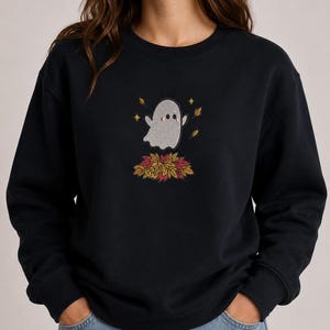 Sweatshirt mit Geisterstickerei, Pullover mit Herbstlaubmuster, Rundhalsausschnitt aus Bio-Baumwolle