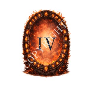 May include: An oval design with a fiery orange and red background, framed by a dark, textured border with glowing symbols. The Roman numeral "IV" is centered, with a "COPYRIGHT" watermark. The overall theme is fantasy or mystical.