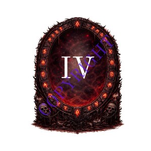 May include: An oval-shaped, dark brown frame with red glowing runes and a fiery interior. The Roman numeral "IV" is centered inside the frame. Two skulls are on the bottom corners of the frame.