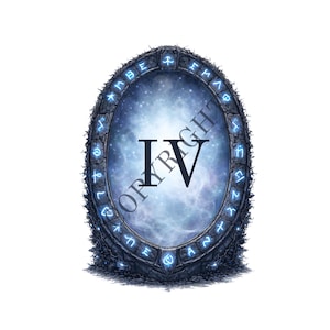 May include: An oval-shaped, dark blue portal with glowing blue runes and a starry background. The Roman numeral "IV" is centered within the portal. The word "COPYRIGHT" is partially visible.
