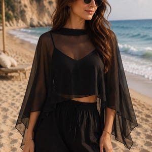 Transparenter Chiffon-Cape | Handgenähtes Layering-Shirt | Sommer-Cape für Urlaub und Strand