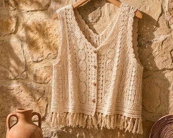 Boho Crochet Lace Vest Top, Knit Sleeveless Cardigan, Festival Vintage Style Crochet Summer Blouse