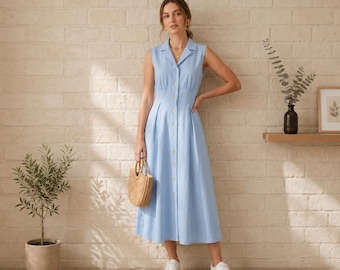 Women's Linen Cotton Button Front Handmade Midi Dress – Cottage core Summer Style dress