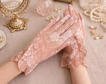 Vintage Floral Lace Gloves, Sheer Summer Accessory, Ruffled Cuff