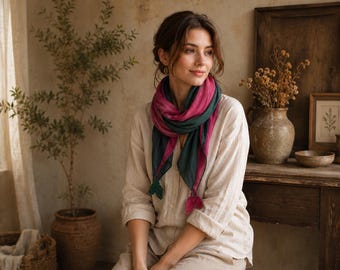 Handmade Cotton Linen Scarf: Lightweight Boho Summer Wrap, Breathable Head Scarf