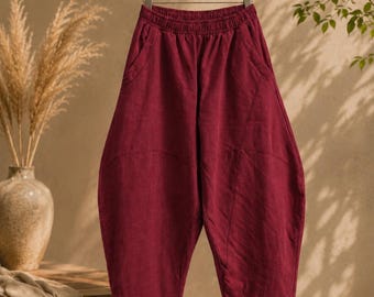 Wijde damesbroek van katoenlinnen met wijde pijpen, elastische taille en zakken Ballonbroek