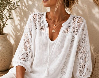 Women Embroidered Cotton Linen Blouse Loose Fit Floral Top Casual Summer Shirt Elegant