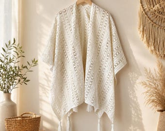 All Season Cape Shawl Wrap, Openwork Knit Poncho with Tassels, Boho Layering Piece
