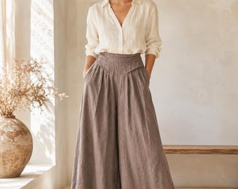 Cotton Linen Wide Leg Pants – Loose Boho Harem Trousers, Elastic Waist Lounge Summer Apparel