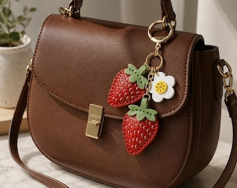 Genuine Leather Strawberry And Flower Charm, Handmade Fruit  Handbag Charm,  Keychain Gift