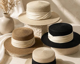 Pleated Ribbon Flat Top Straw Hat, Summer Boater Sun Protection Vacation Accessory