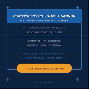 Construction Management Exam Planner Printable PDF | 7-Day Cram Sprint | Construction Student Study Guide