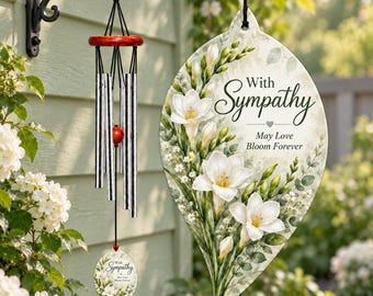 Könnte beinhalten: Ein Windspiel mit silbernen Metallröhren, einem roten Holzoberteil und einer roten Perle, das an einer schwarzen Halterung hängt. Eine blattförmige Plakette zeigt weiße Blumen und den Text With Sympathy May Love Bloom Forever.