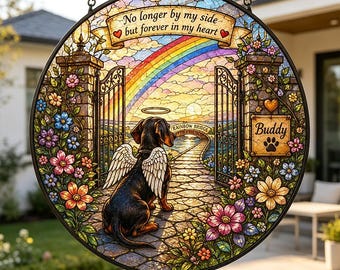 Gepersonaliseerde Rainbow Bridge Pet Memorial Suncatcher, Custom Dog Memorial gebrandschilderd glas, Pet Loss Sympathy Gift, Rainbow Bridge Raam hangend