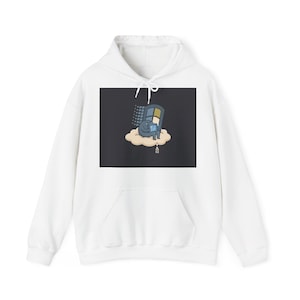 May include: White hoodie with a front pocket and a drawstring hood. The graphic on the front features a cartoon character sitting on a cloud, holding a computer, with a Windows 95-style window in the background.